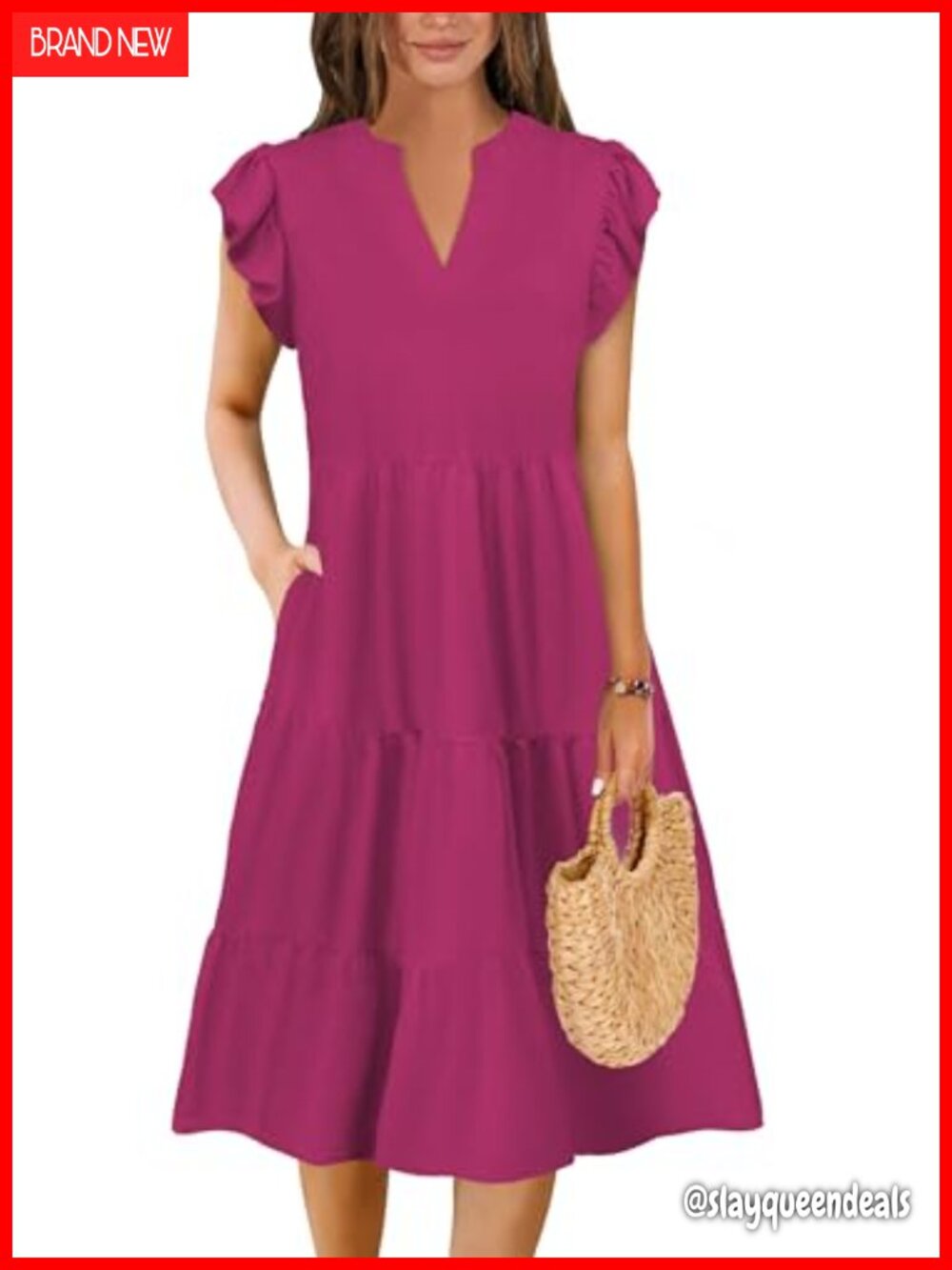 Women's Tiered A-Line Midi Dress Flutter Sleeve V-Neck Side Pockets